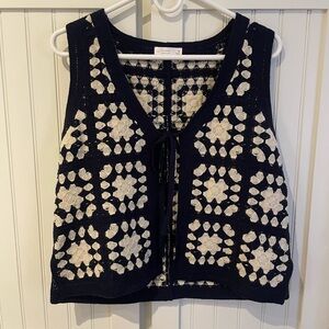 LC Lauren Conrad Navy & Cream Crochet Tie Vest